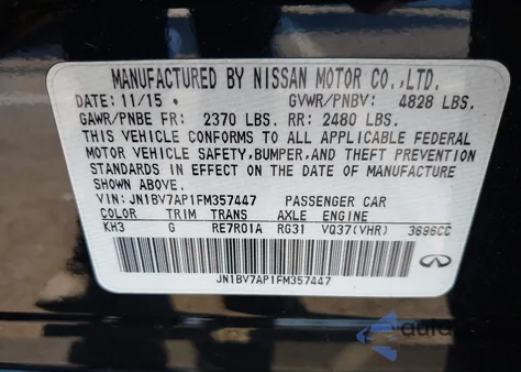 2015 Infiniti Q50 Premium из США, поврежденный, VIN JN1BV7AP1FM357447